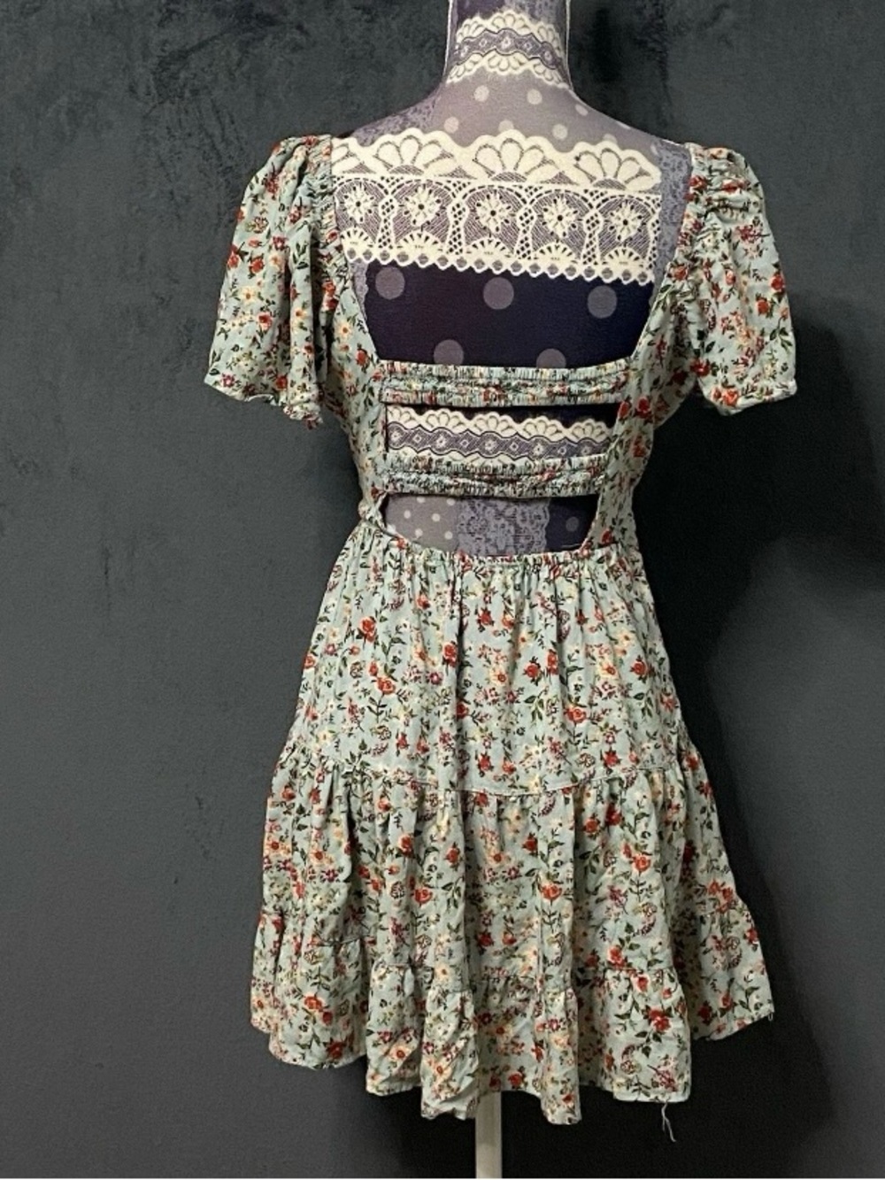 Angie Mini Dress Womens M Blue Floral Flutter Sleeve Smocked Cottagecore Spring - Picture 4 of 8